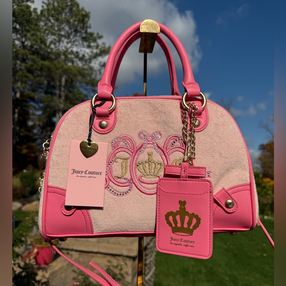NWT! Juicy Couture Pink Velour Rhinestone Bag Card Holder Keychain Included - Picture 3 of 10